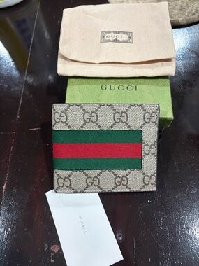 Gucci Beige GG Canvas Wallet with Green and Red Web Stripe